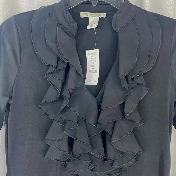 White House Black Market NWT Black V-neck 3/4 Sleeves Ruffles sz XS - Picture 2 of 7